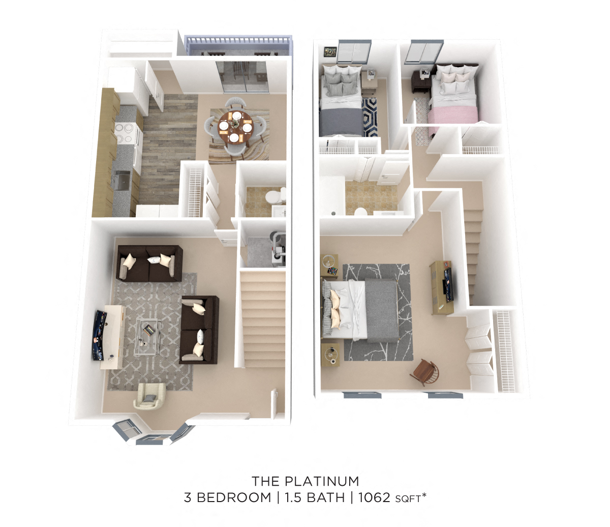 Floor plan for 3 beds, 1.5 baths, 1062 sqft