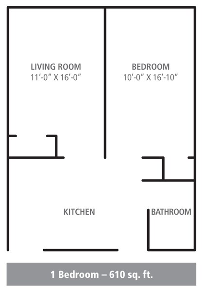 Floor plan for 1 bed, 1 bath, 650 sqft