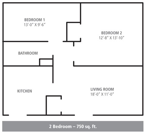 Floor plan for 2 beds, 1 bath, 750 sqft