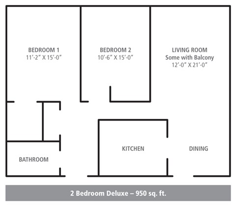 Floor plan for 2 beds, 1 bath, 950 sqft