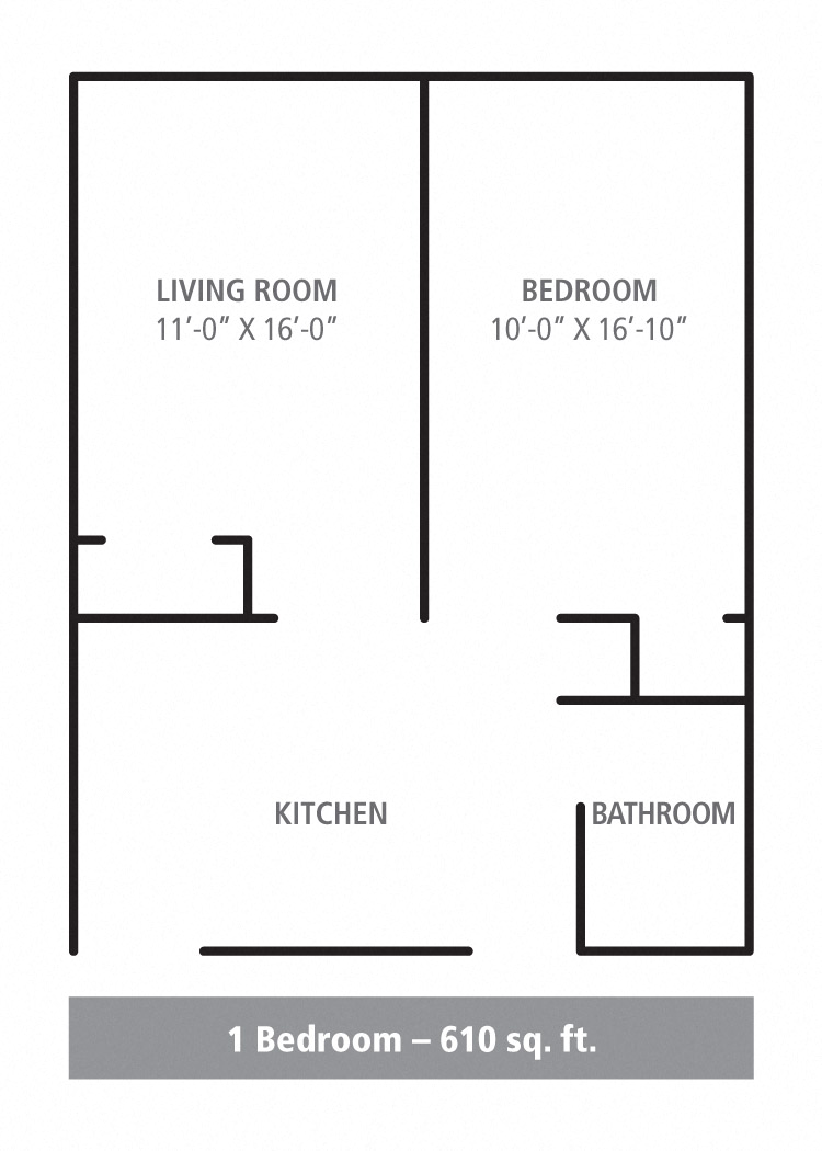 Floor plan for 1 bed, 1 bath, 650 sqft