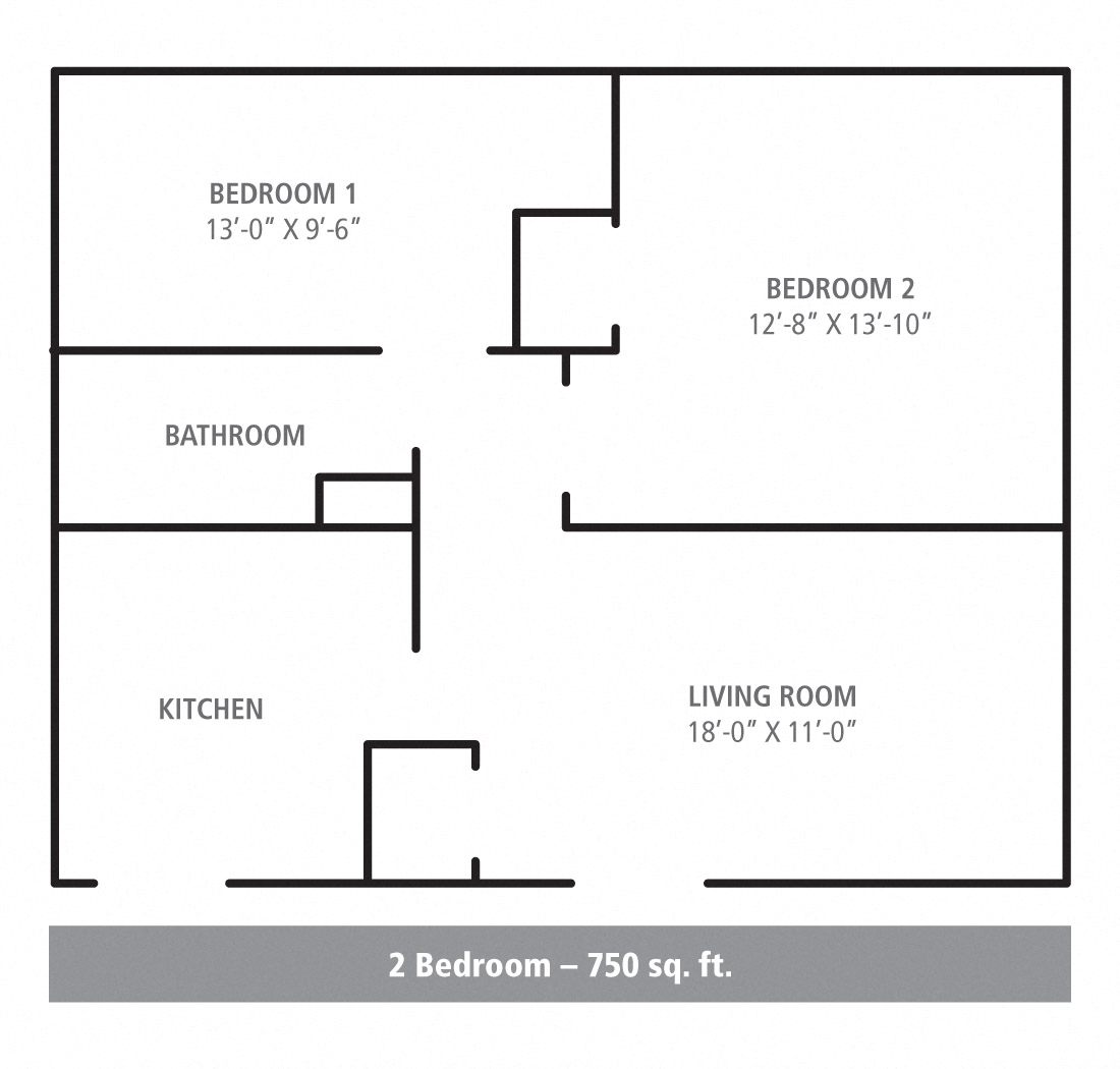 Floor plan for 2 beds, 1 bath, 750 sqft