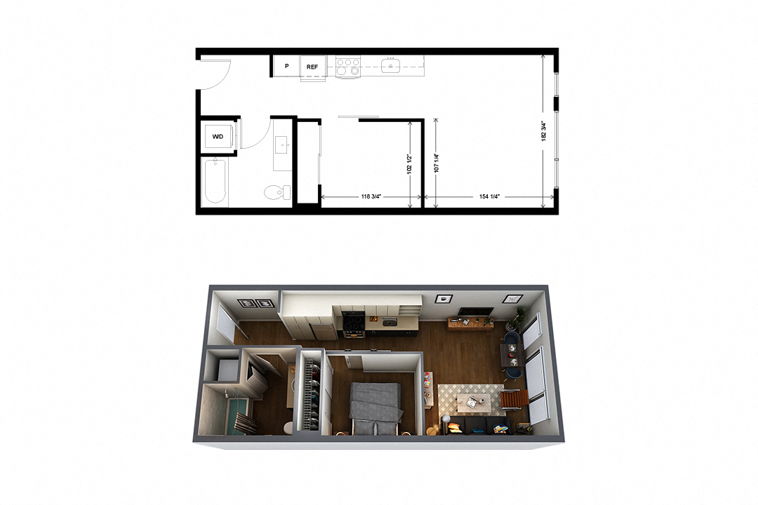 Floor plan for 1 bed, 1 bath, 686 sqft