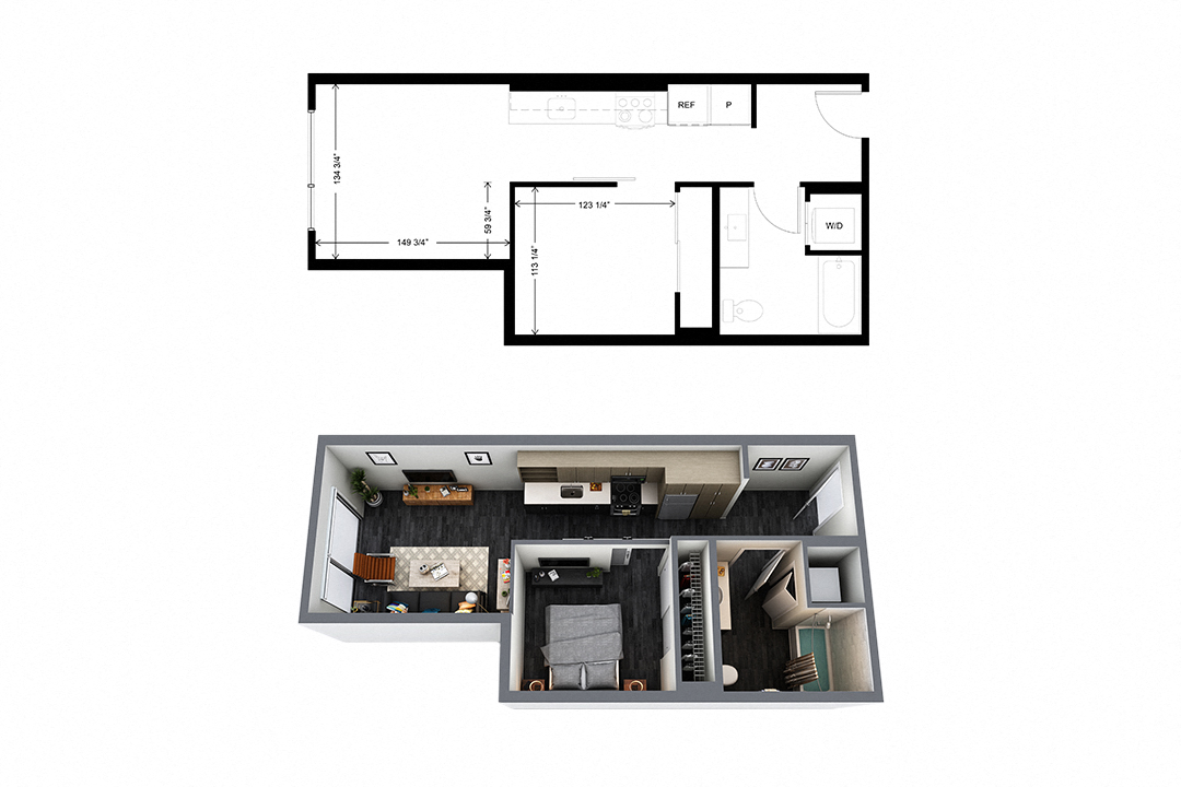 Floor plan for 1 bed, 1 bath, 547 sqft