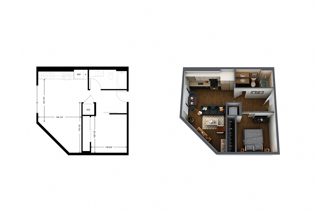 Floor plan for 1 bed, 1 bath, 548 sqft