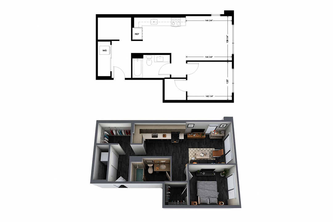 Floor plan for 1 bed, 1 bath, 716 sqft
