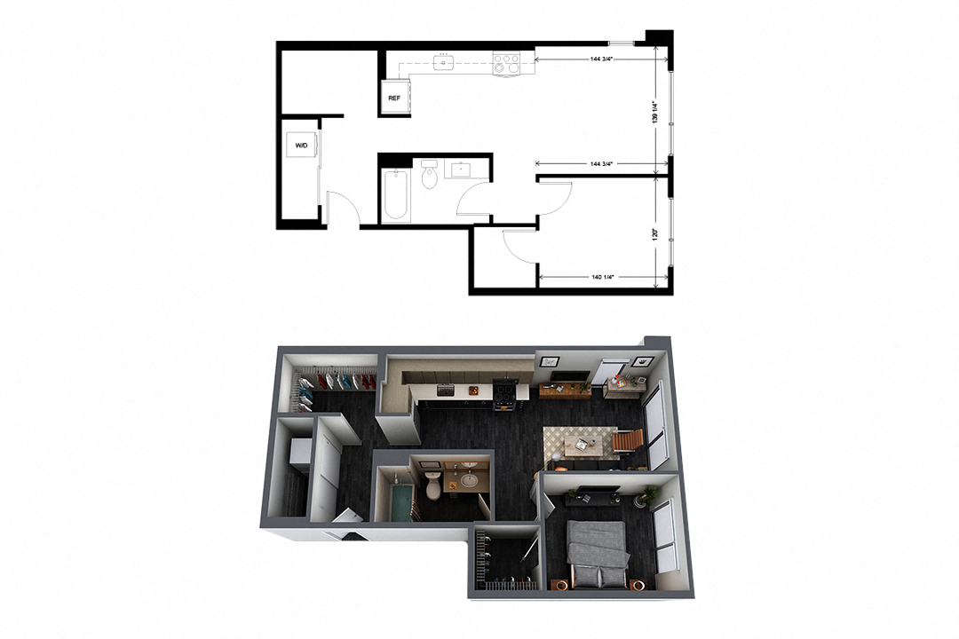Floor plan for 1 bed, 1 bath, 716 sqft