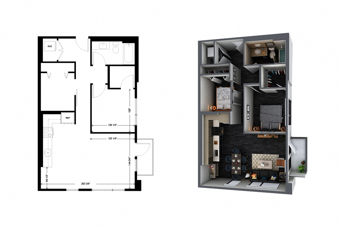 Floor plan for 1 bed, 1 bath, 824 sqft
