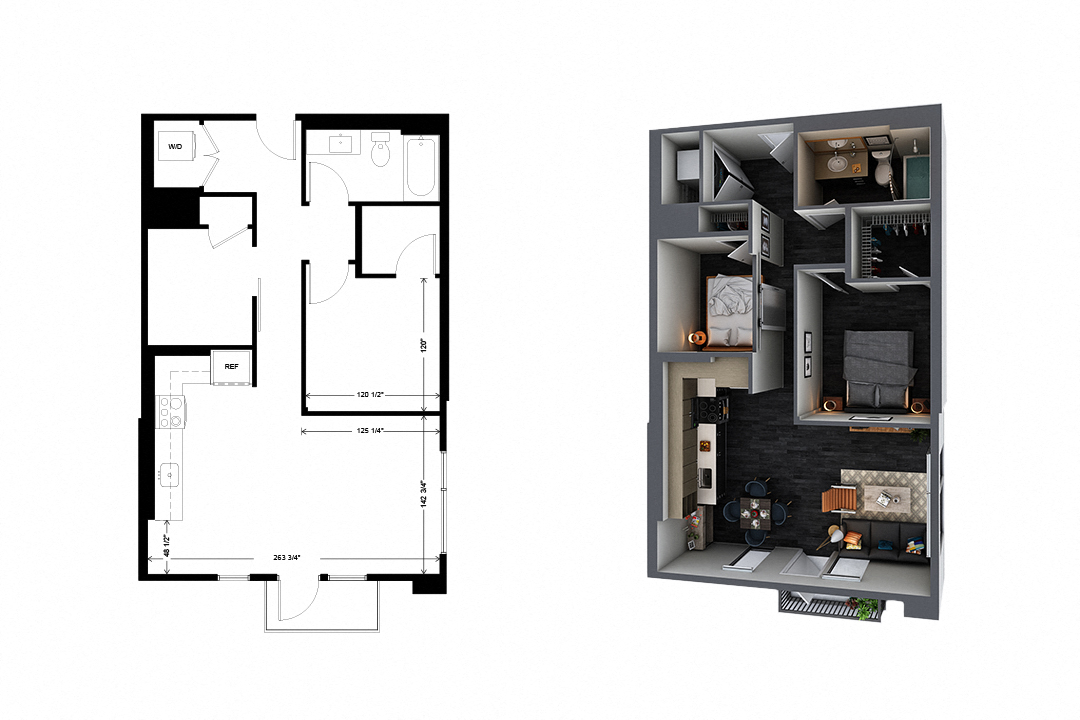 Floor plan for 1 bed, 1 bath, 730 sqft