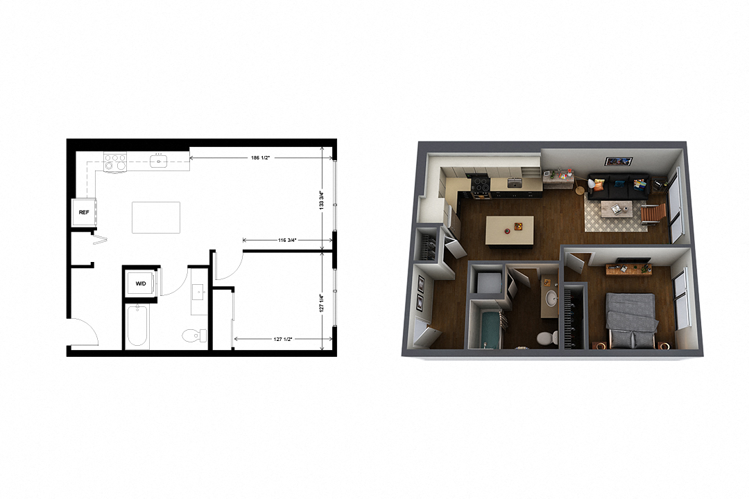 Floor plan for 1 bed, 1 bath, 510 sqft