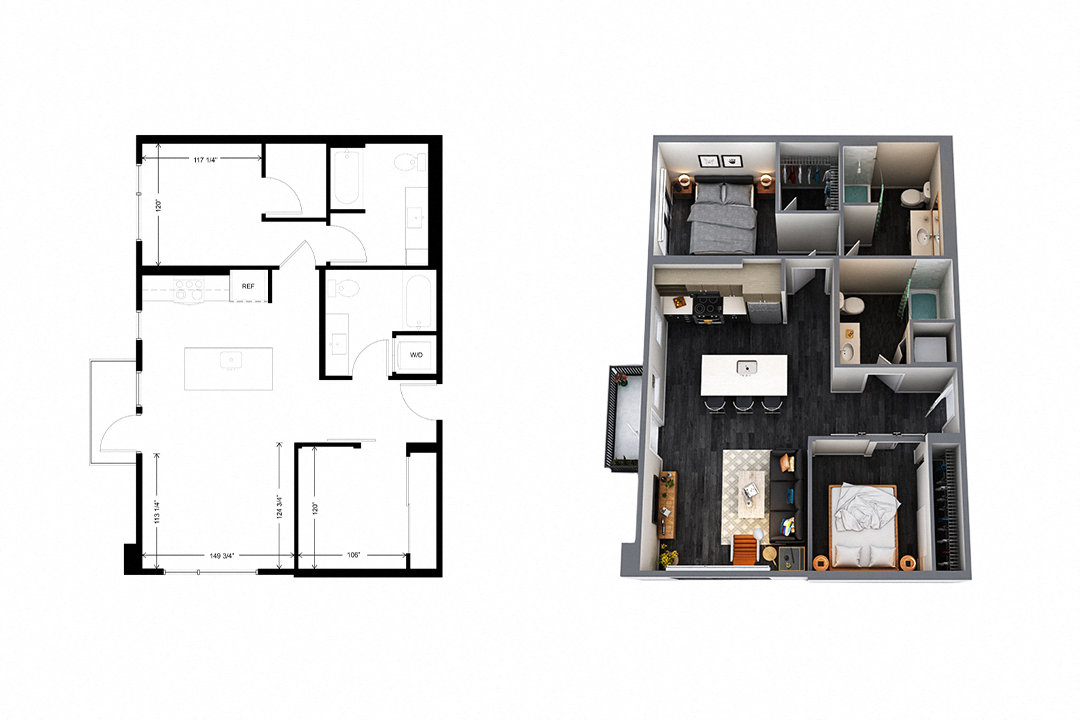 Floor plan for 2 beds, 2 baths, 1162 sqft