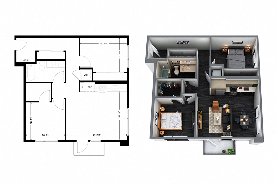 Floor plan for 2 beds, 1 bath, 876 sqft