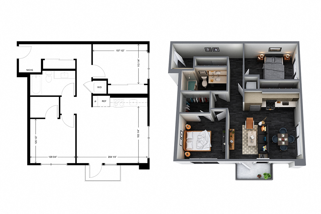 Floor plan for 2 beds, 1 bath, 876 sqft