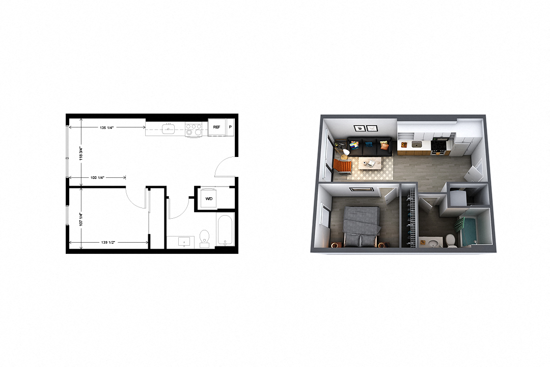 Floor plan for 1 bed, 1 bath, 510 sqft