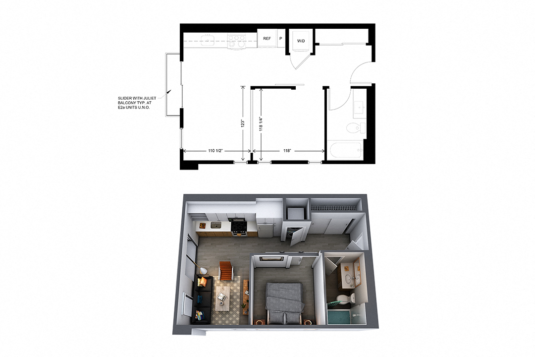 Floor plan for 1 bed, 1 bath, 513 sqft