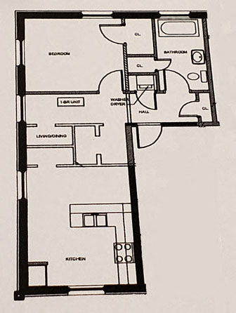 Floor plan for 1 bed, 1 bath, 642 sqft