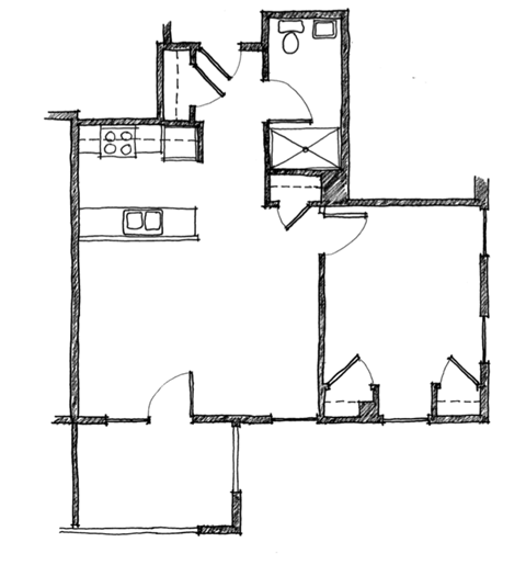 Floor plan for 1 bed, 1 bath, 652 sqft