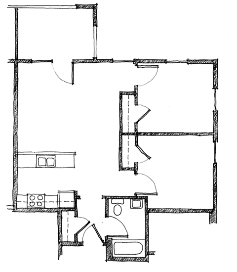 Floor plan for 2 beds, 1 bath, 702 sqft