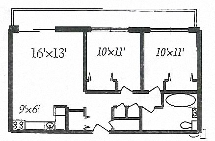 Floor plan for 2 beds, 1 bath, 788 sqft