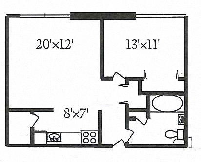 Floor plan for 1 bed, 1 bath, 831 sqft