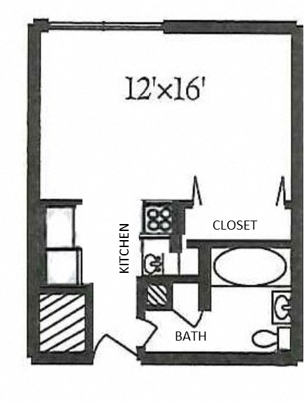 Floor plan for studio, 1 bath, 371 sqft
