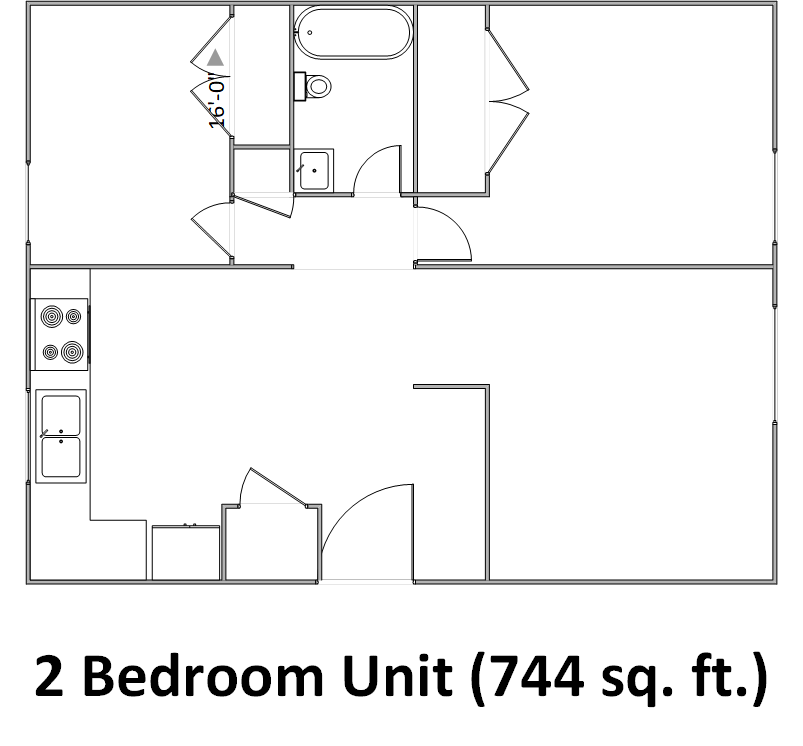 Floor plan for 2 beds, 1 bath, 900 sqft