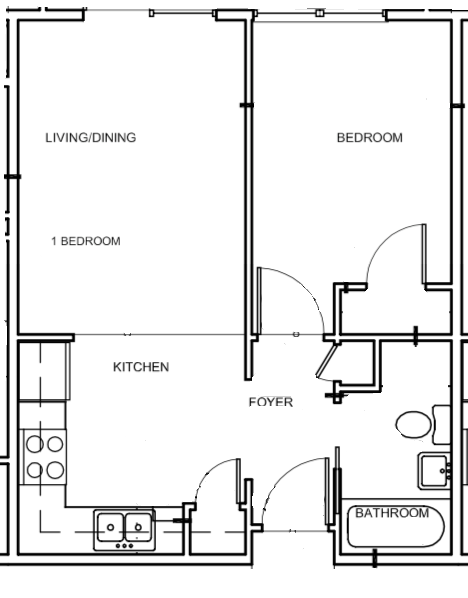 Floor plan for 1 bed, 1 bath, 524 sqft