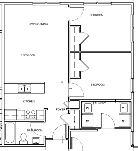 Floor plan for 2 beds, 1 bath, 785 sqft