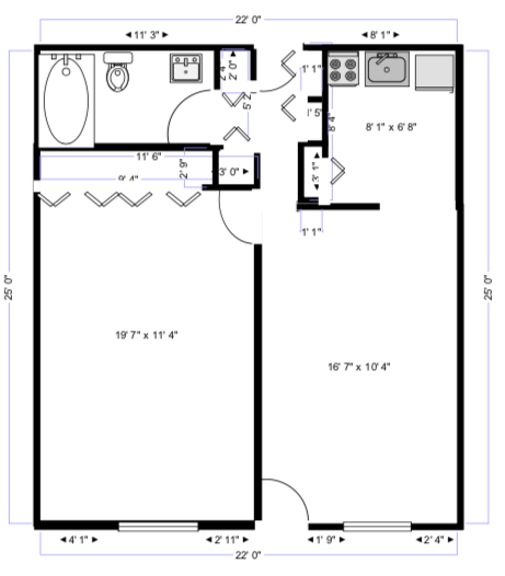 Floor plan for 1 bed, 1 bath, 528 sqft