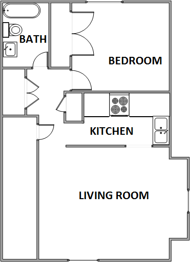 Floor plan for 1 bed, 1 bath, 612 sqft