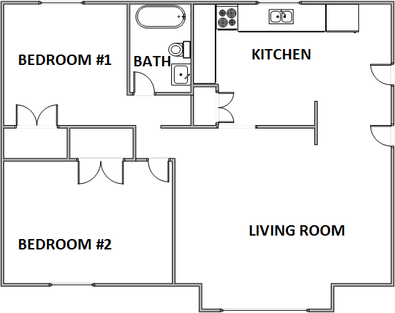 Floor plan for 2 beds, 1 bath, 740 sqft