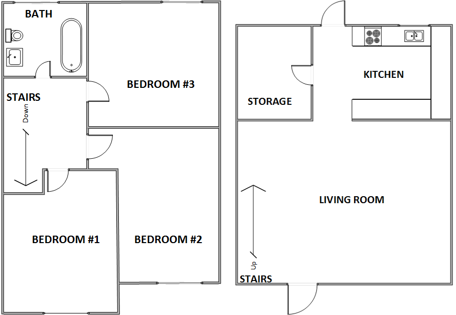 Floor plan for 3 beds, 1 bath, 1024 sqft