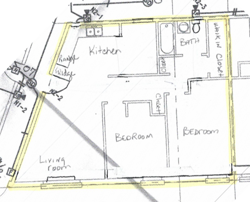 Floor plan for 2 beds, 1 bath, 696 sqft