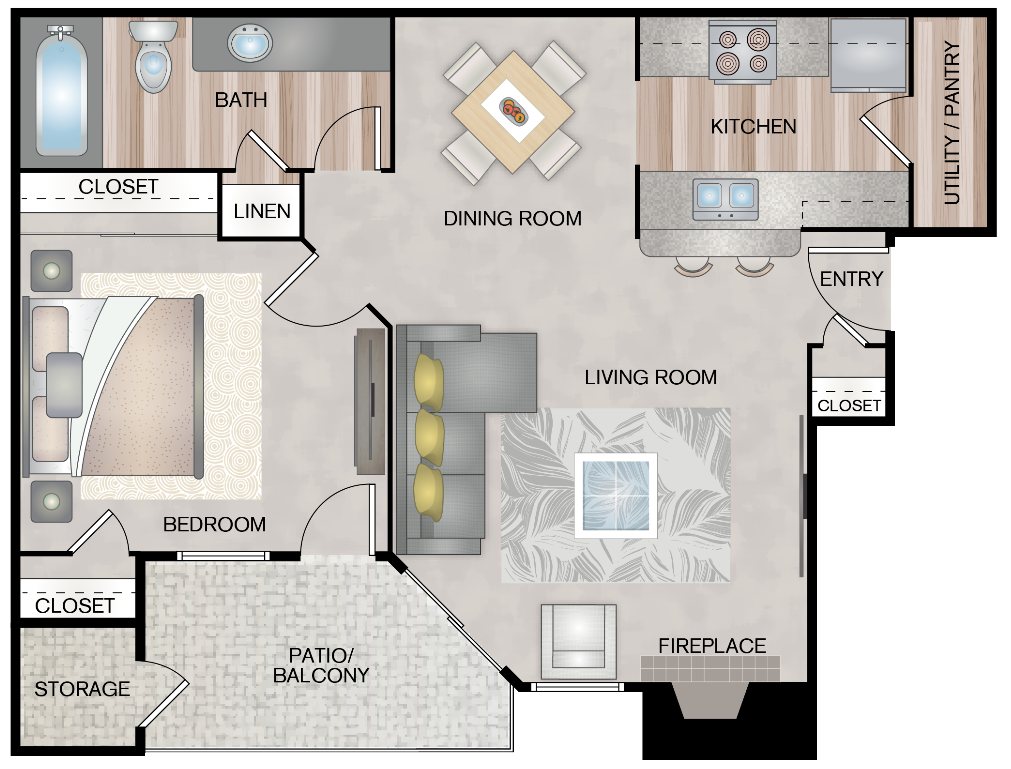 Floor plan for 1 bed, 1 bath, 683 sqft