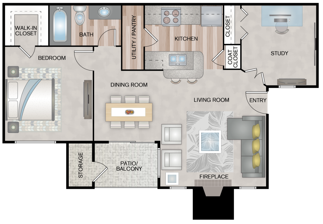 Floor plan for 2 beds, 1 bath, 779 sqft