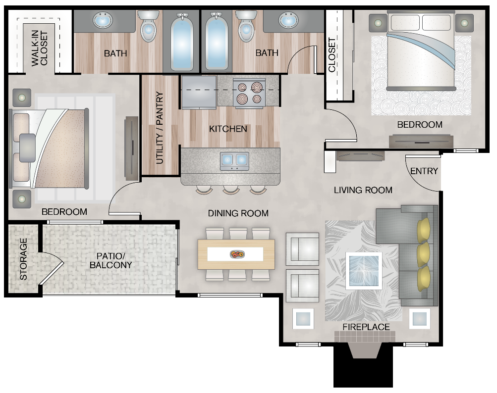 Floor plan for 2 beds, 2 baths, 875 sqft