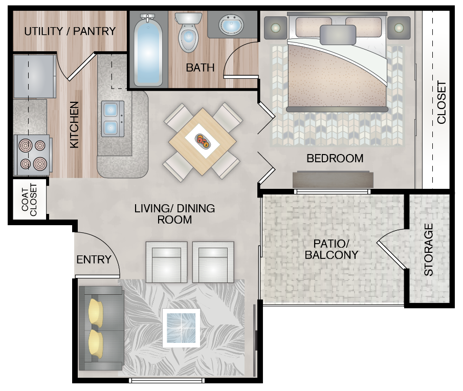 Floor plan for 1 bed, 1 bath, 504 sqft