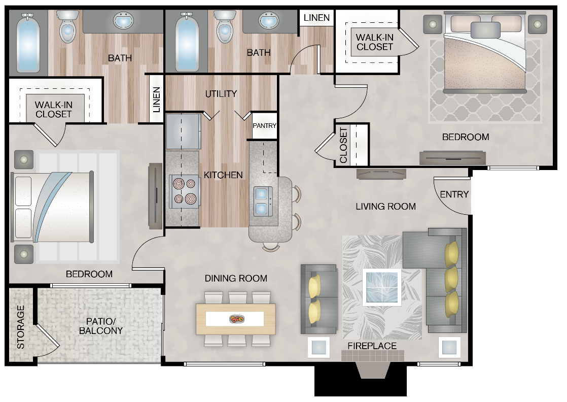 Floor plan for 2 beds, 2 baths, 966 sqft