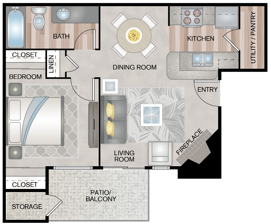 Floor plan for 1 bed, 1 bath, 581 sqft