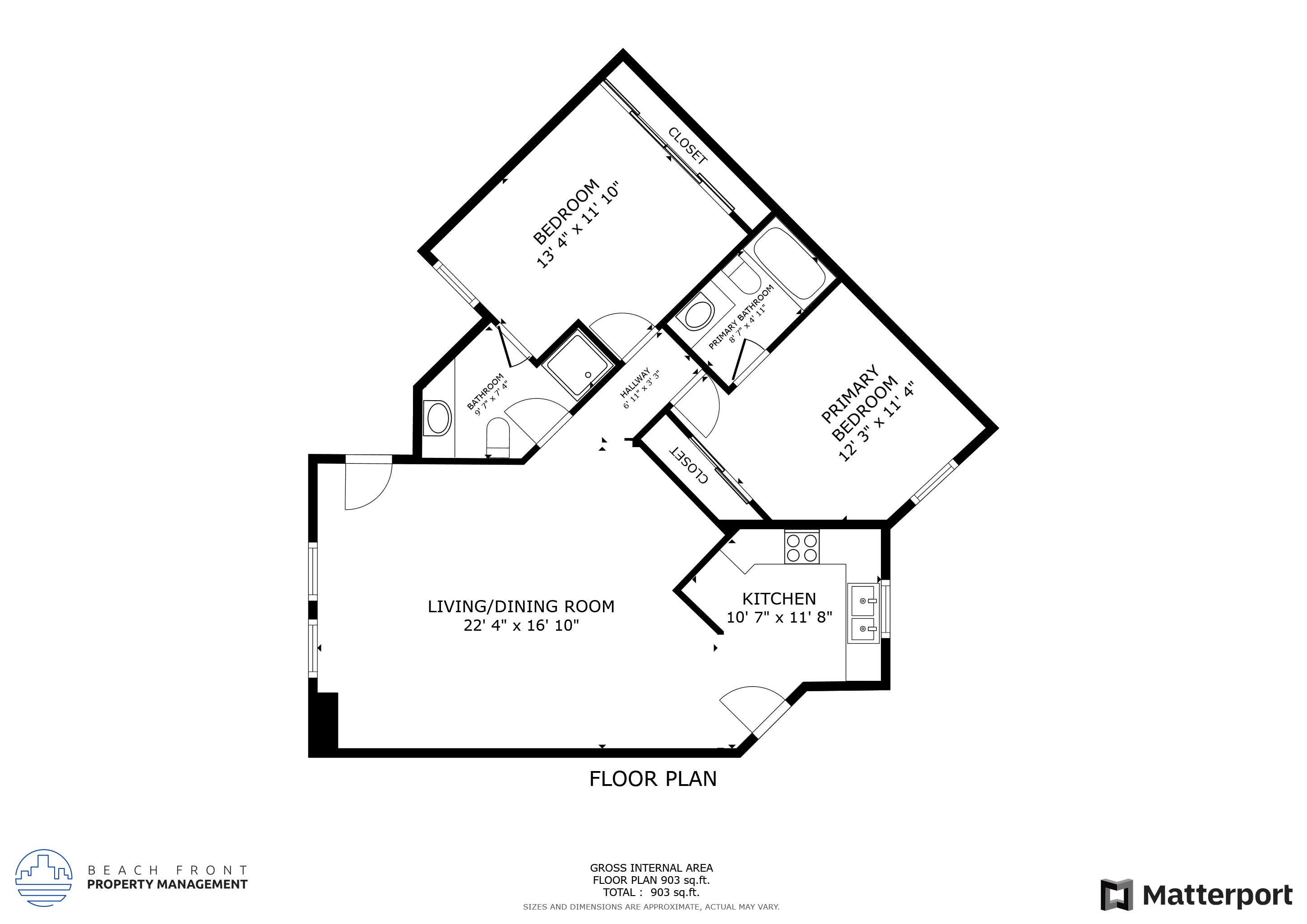 Floor plan for 2 beds, 2 baths, 950 sqft