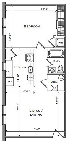 Floor plan for 1 bed, 1 bath, 678 sqft