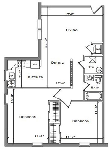 Floor plan for 2 beds, 1 bath, 890 sqft