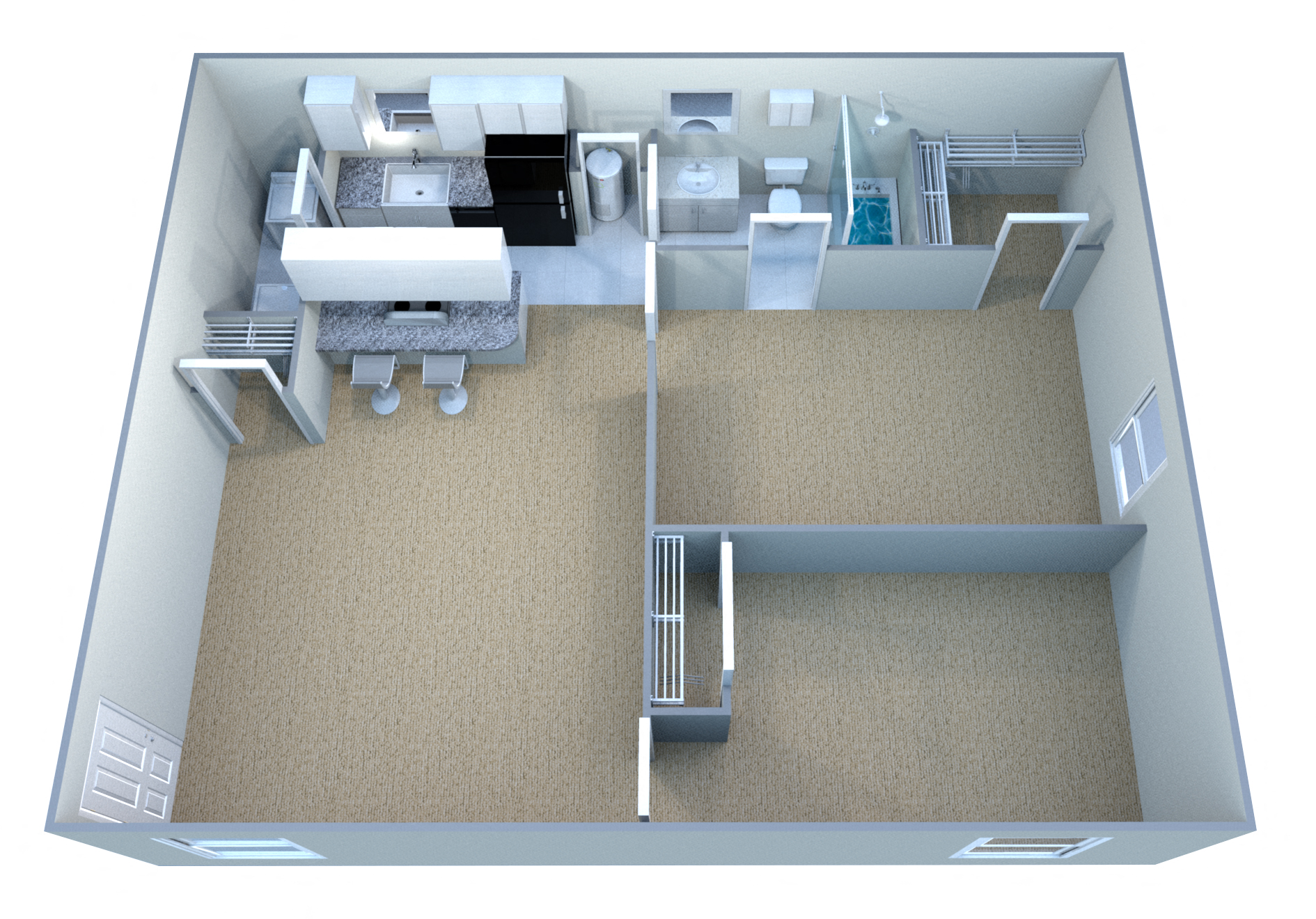Floor plan for 2 beds, 1 bath, 851 sqft
