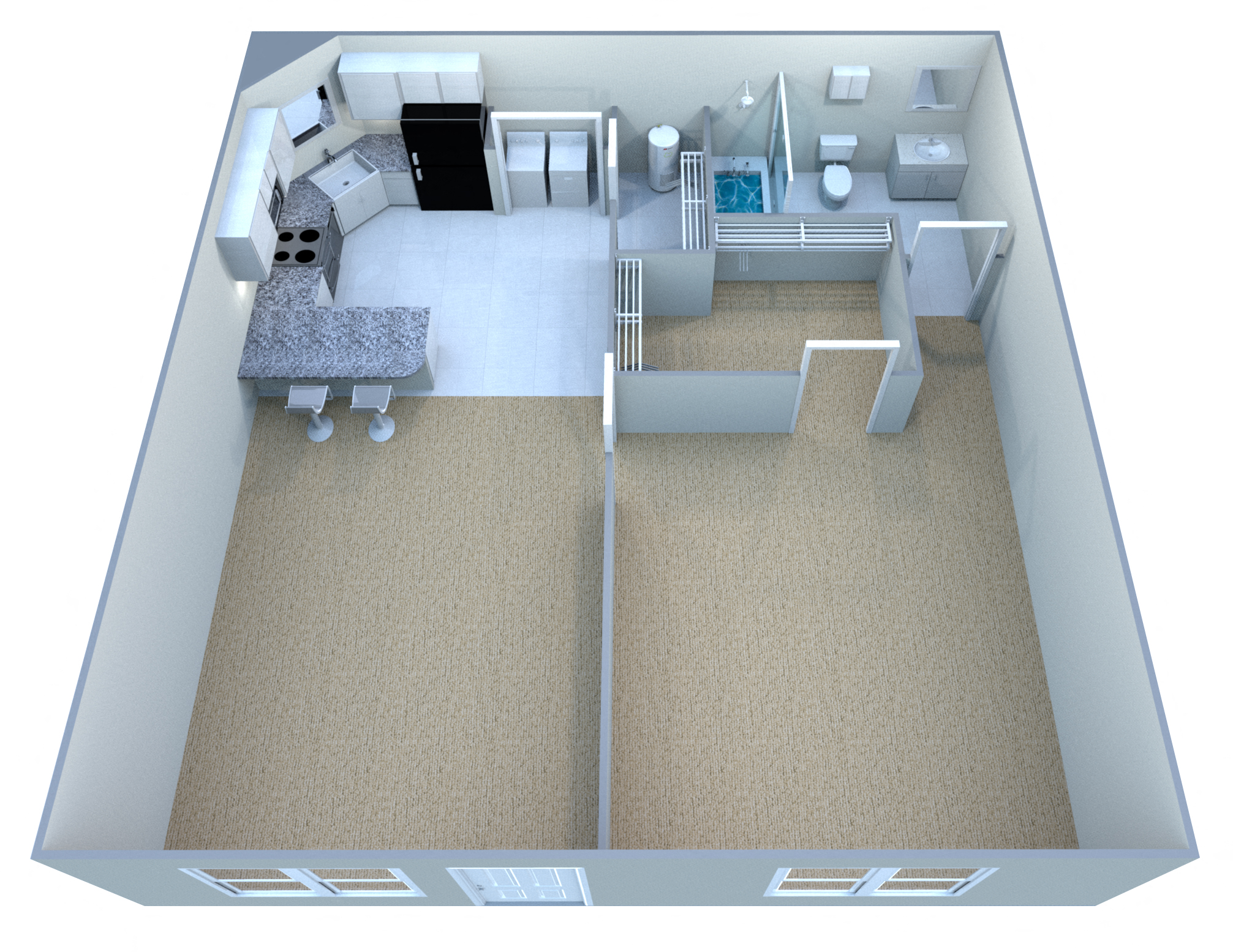 Floor plan for 1 bed, 1 bath, 669 sqft