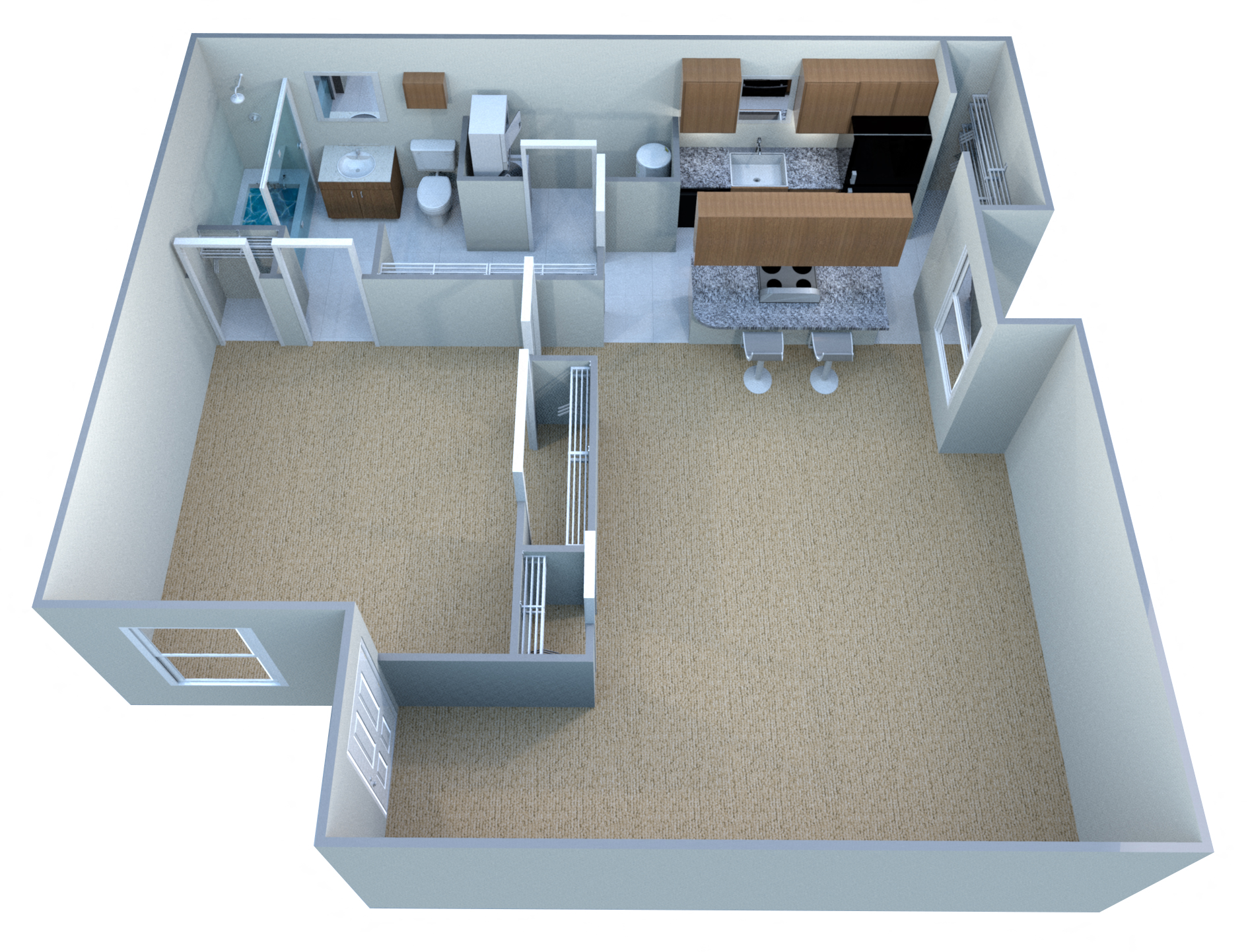 Floor plan for 1 bed, 1 bath, 630 sqft