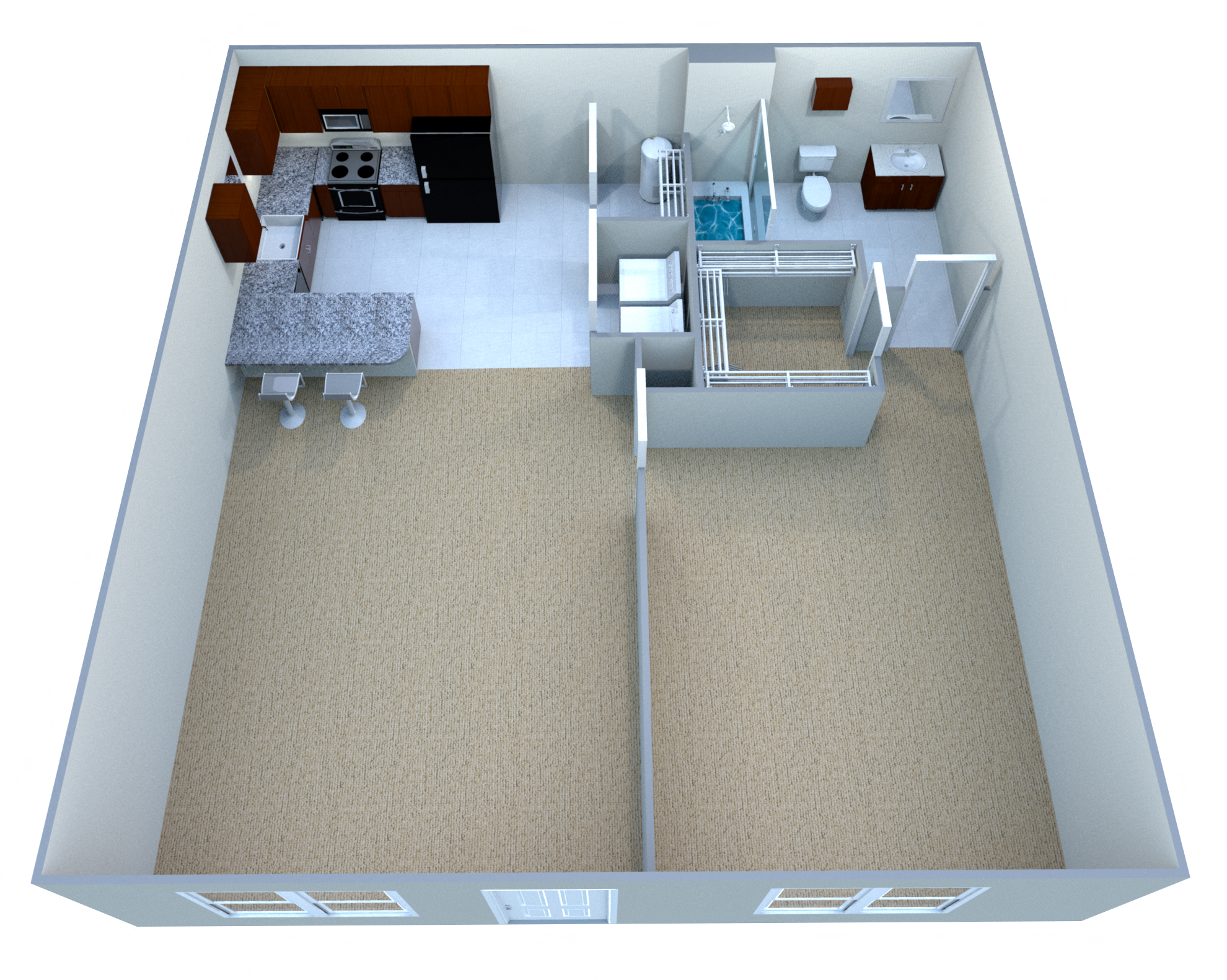 Floor plan for 1 bed, 1 bath, 665 sqft