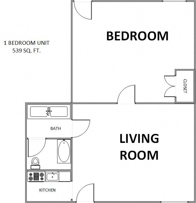 Floor plan for 1 bed, 1 bath