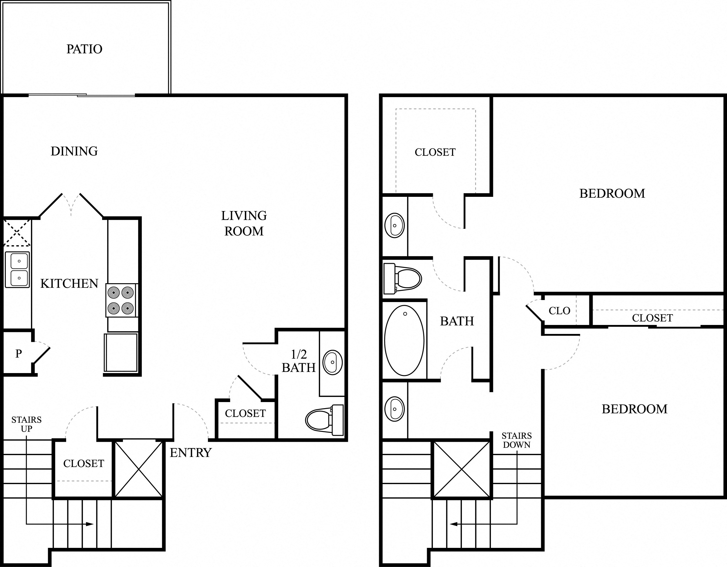 Floor plan for 2 beds, 1.5 baths, 1135 sqft