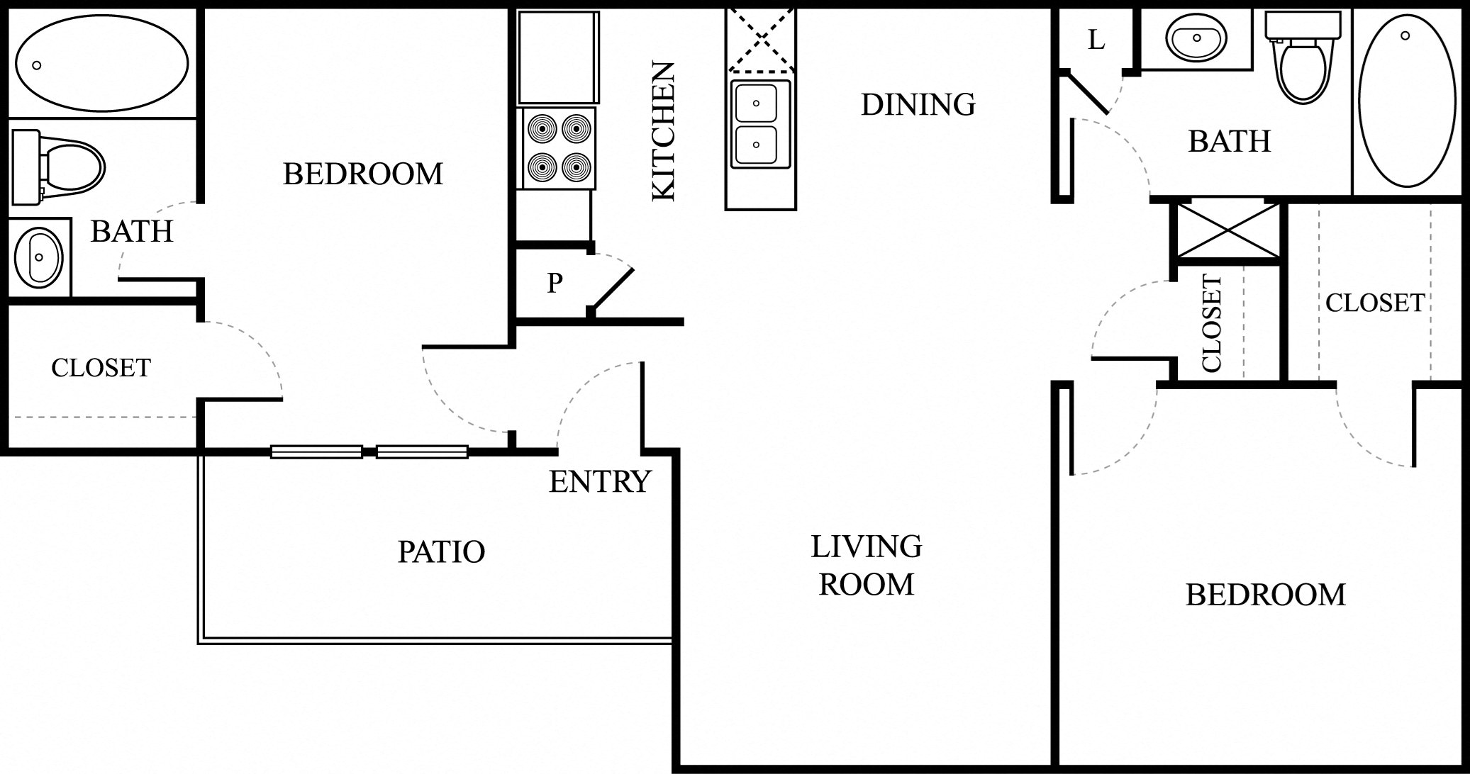 Floor plan for 2 beds, 2 baths, 887 sqft