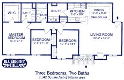 Floor plan for 3 beds, 2 baths, 1342 sqft